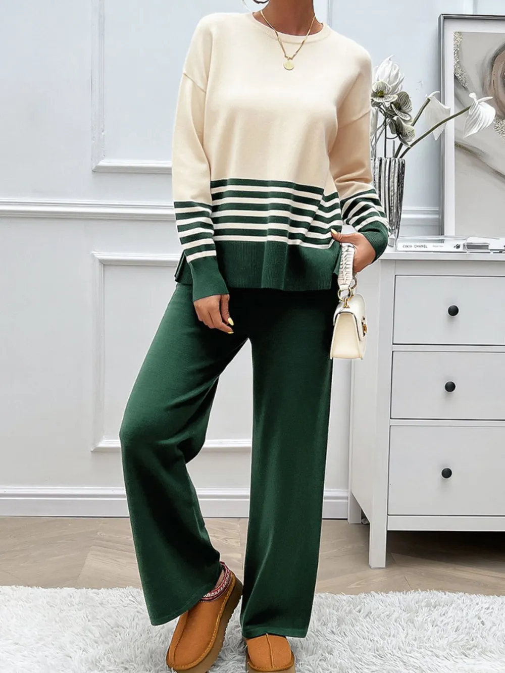 Slit Striped Round Neck Top and Pants Sweater Set, image 4