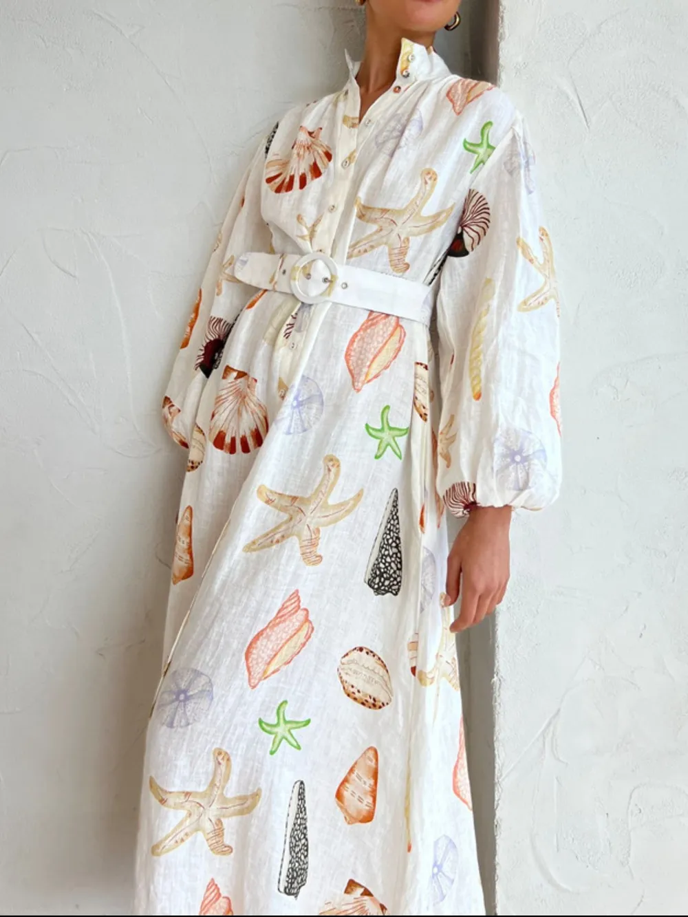 Printed Balloon Sleeve Maxi Shirt Dress