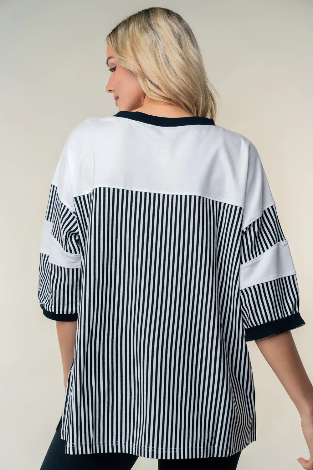 Full Size Striped Contrast Round Neck Top, image 2