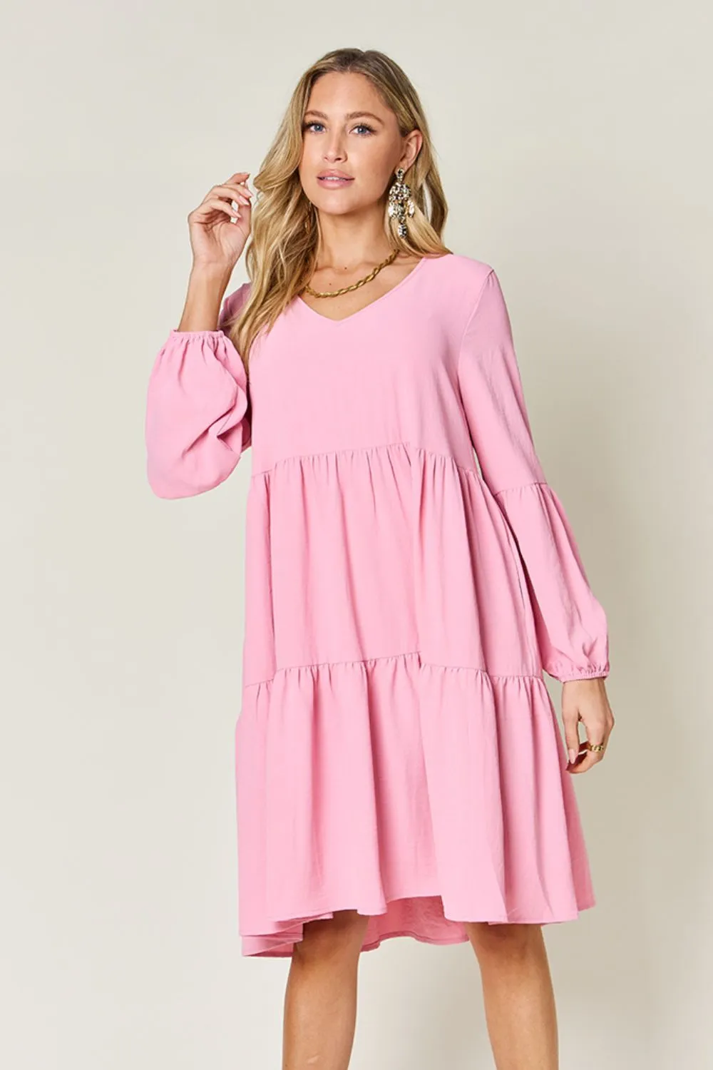 Full Size V-Neck Balloon Sleeve Tiered Dress with Pockets, image 16