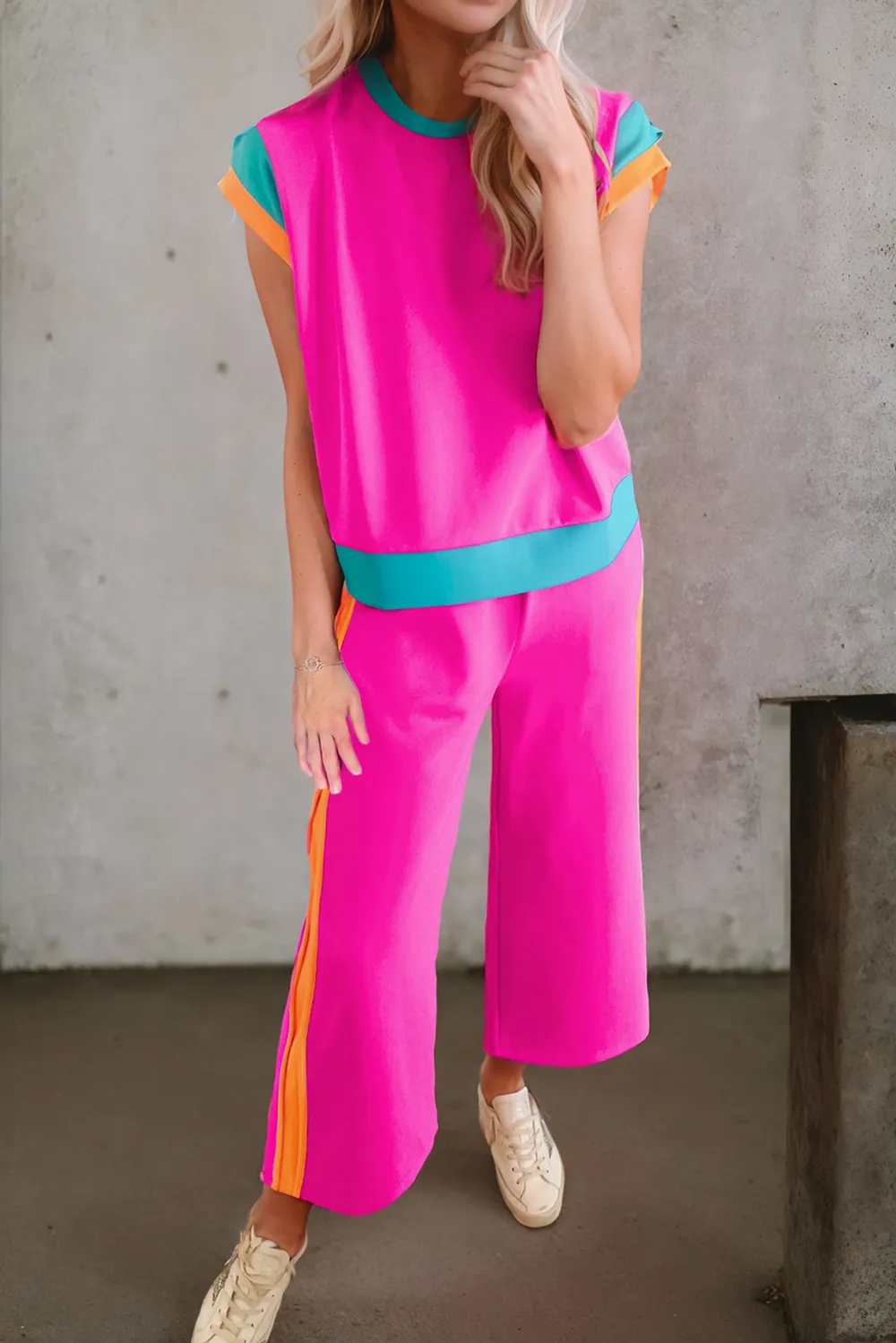 Contrast Round Neck Top and Pants Set, image 8
