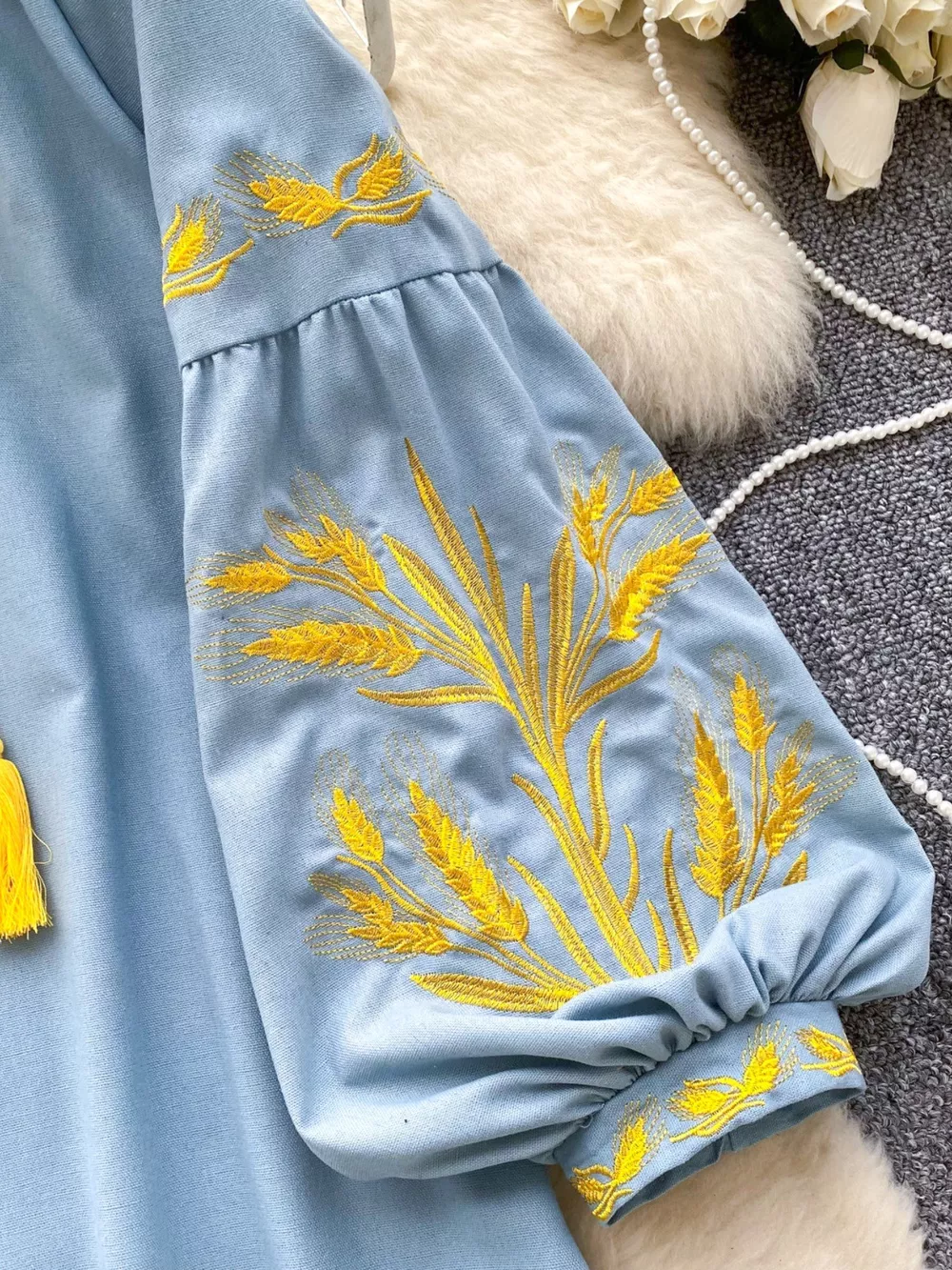 Embroidered Wheat Pattern Tie Neck Blouse, image 20