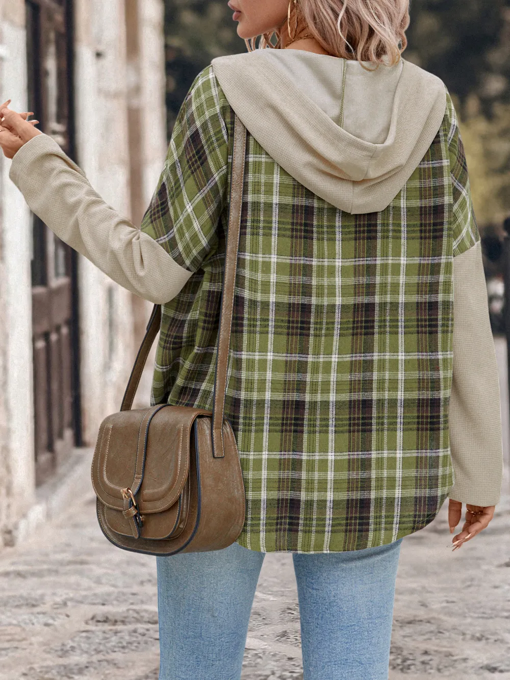 Drawstring Plaid Long Sleeve Hooded Shirt, image 5