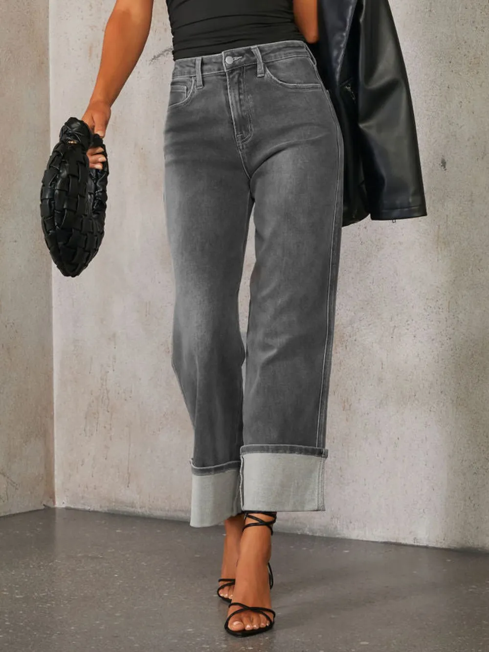 High Waisted Straight Leg Rolled Jeans, image 11