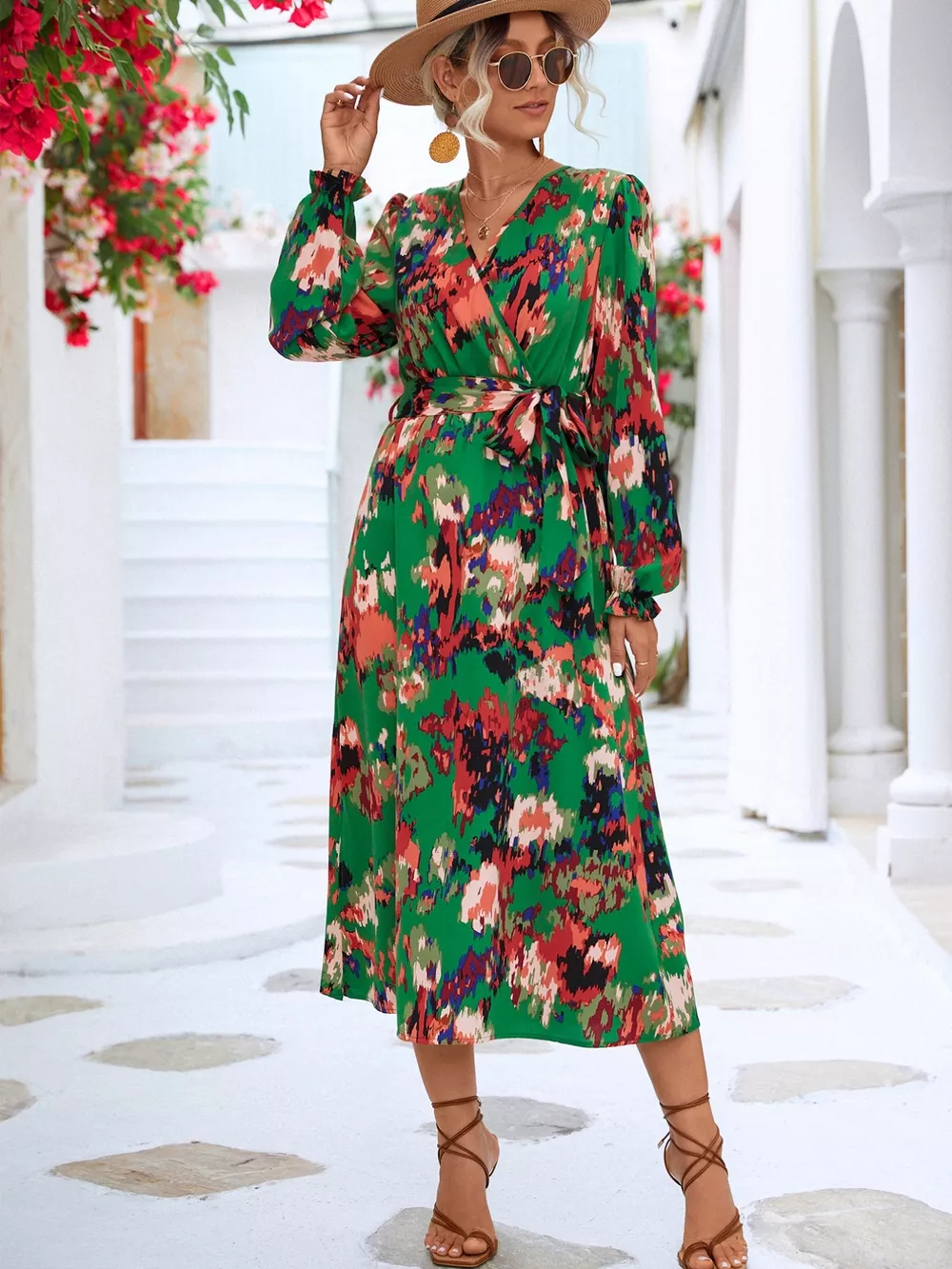 Printed Surplice Long Sleeve Midi Dress, image 7