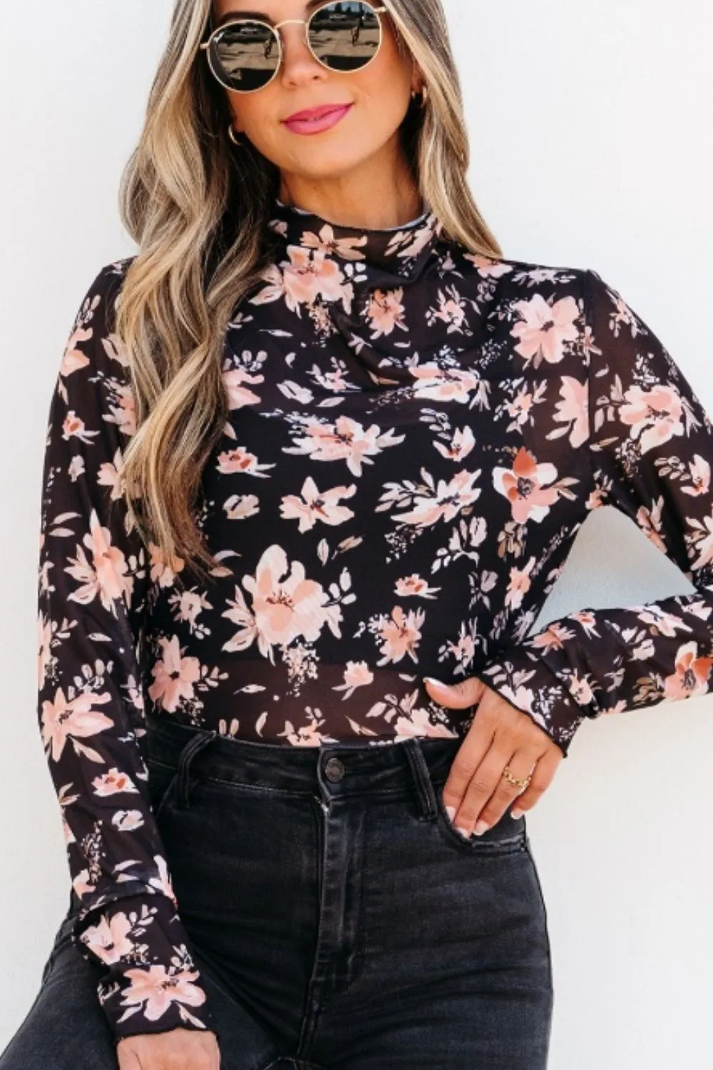 Floral Mock Neck Long Sleeve Blouse, image 8