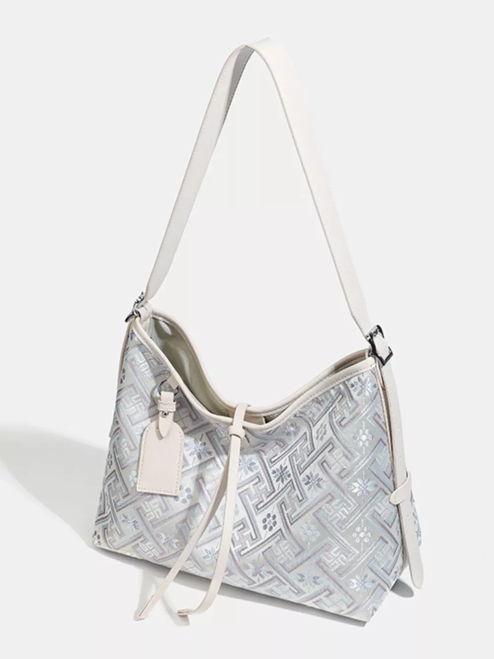Geometric Pattern Jacquard Shoulder Bag with Adjustable Strap, image 4