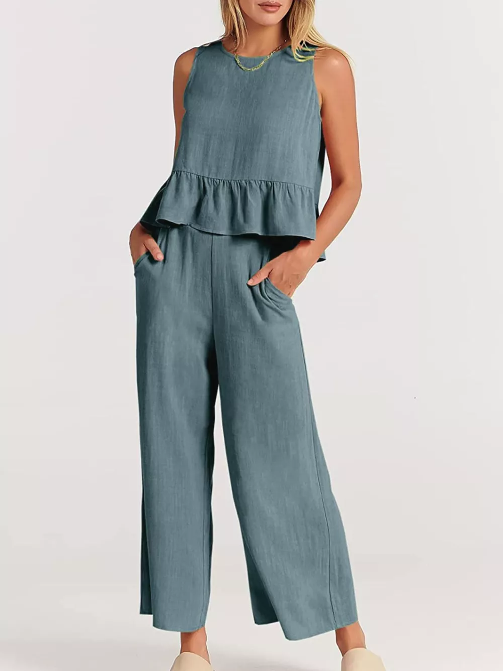 Full Size Ruffled Hem Sleeveless Top and Wide-Leg Pants Set Plus Size, image 4