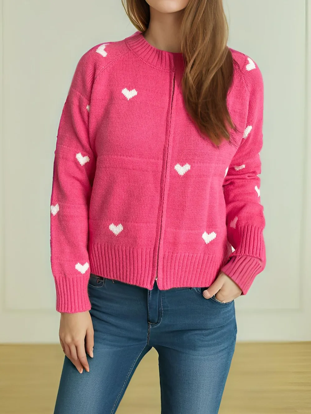 Heart Round Neck Zip Up Cardigan, image 17