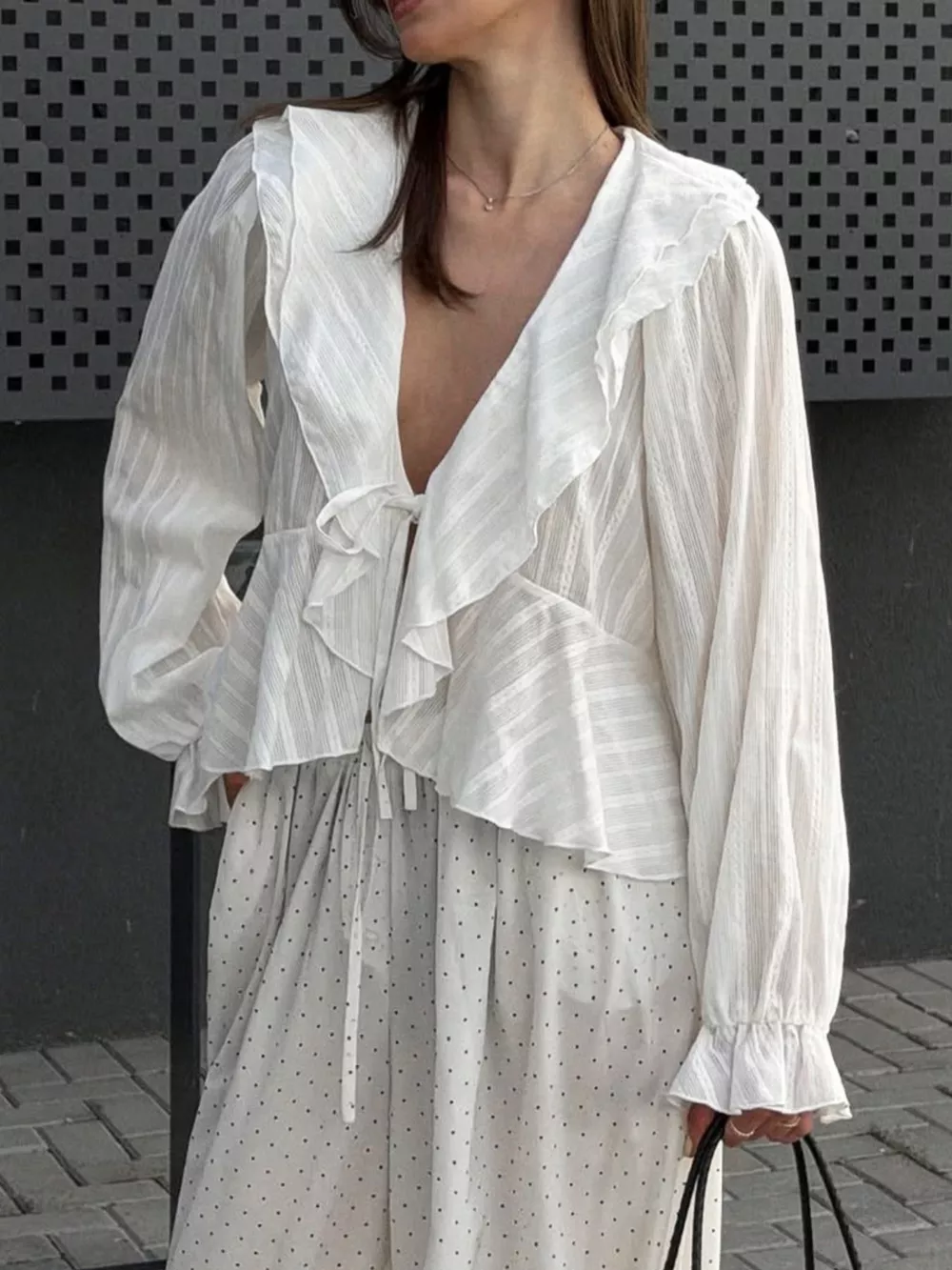 Ruffled Striped Flounce Sleeve Blouse