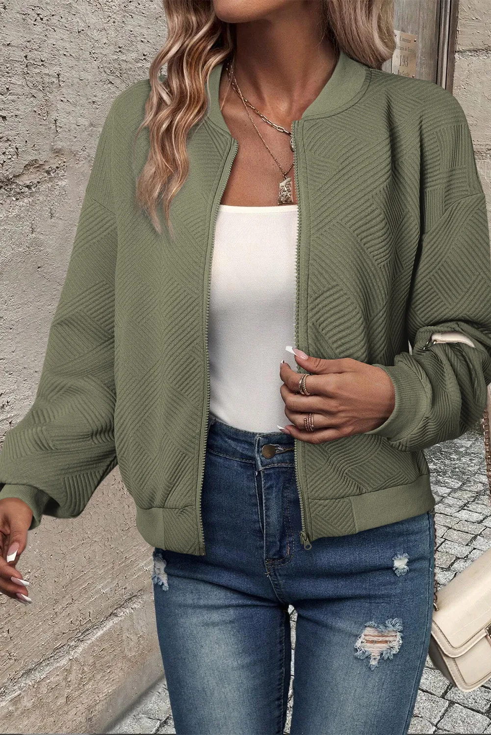 Textured Zip Up Baseball Collar Jacket, image 7