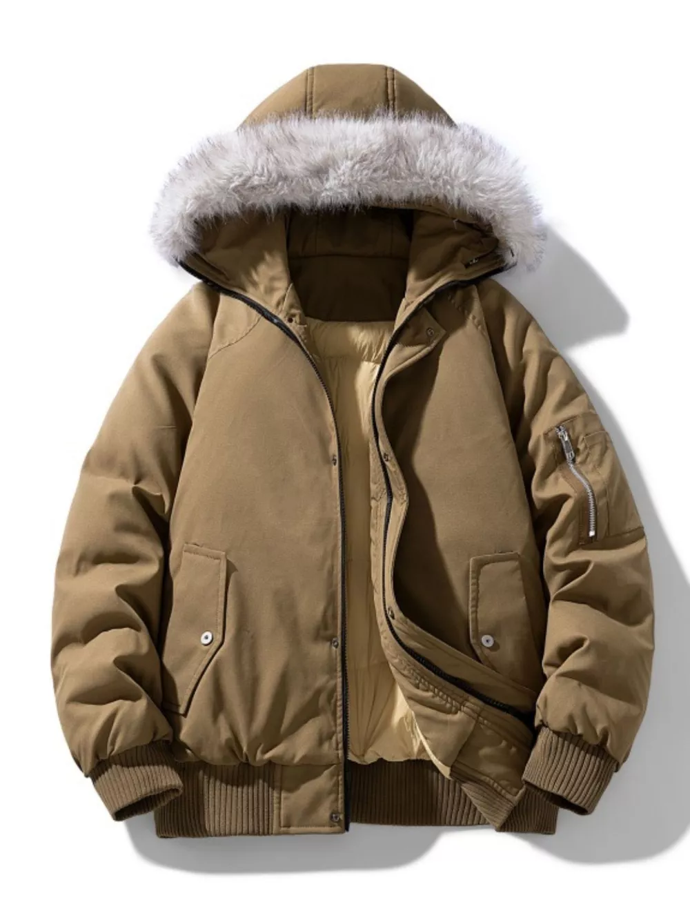 Men's Plus Size Faux Fur Hooded Padded Bomber Jacket, image 7