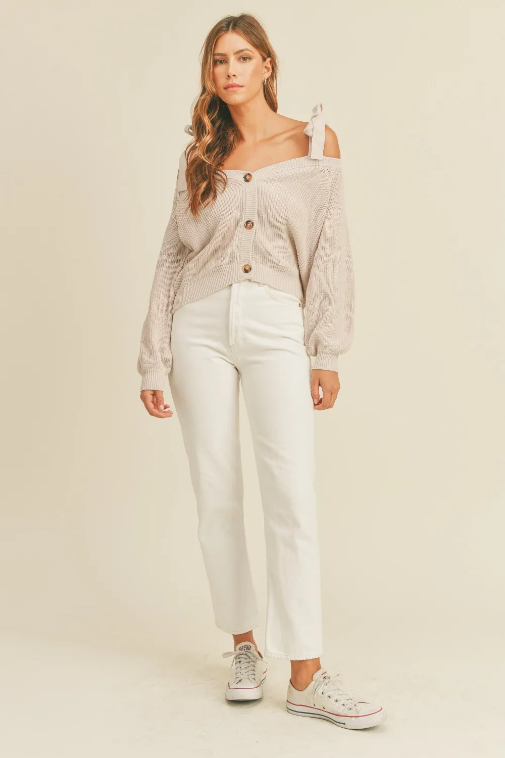 Off Shoulder Self Tie Strap Button Down Sweater, image 4