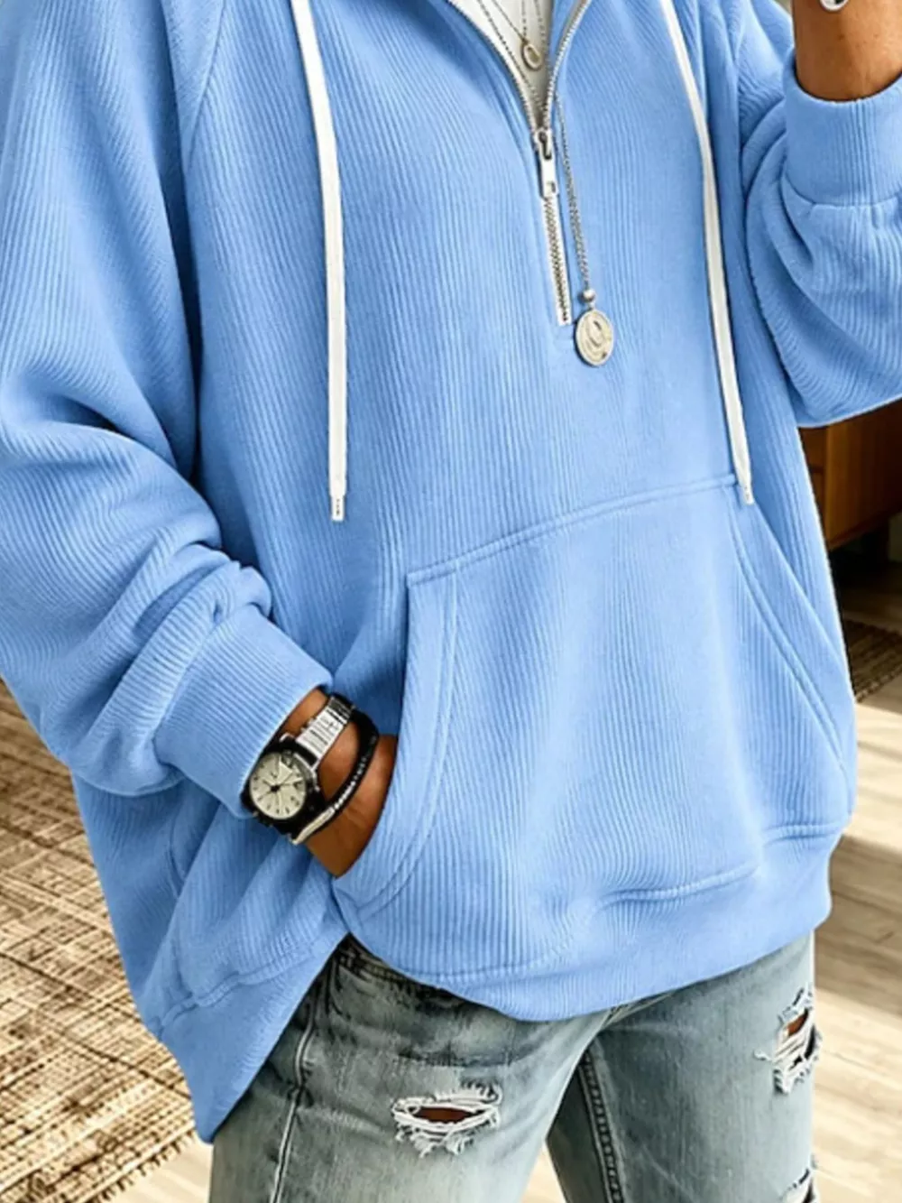 Ribbed Knit Quarter-Zip Hoodie with Kangaroo Pocket, image 15