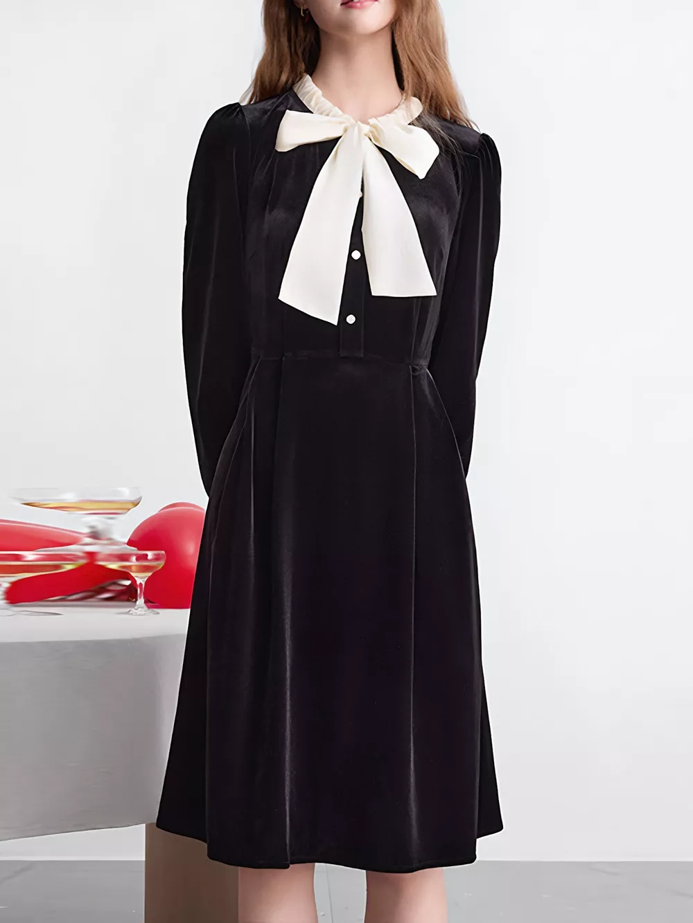Velvet Bowknot Long Sleeve A-Line Dress, image 4