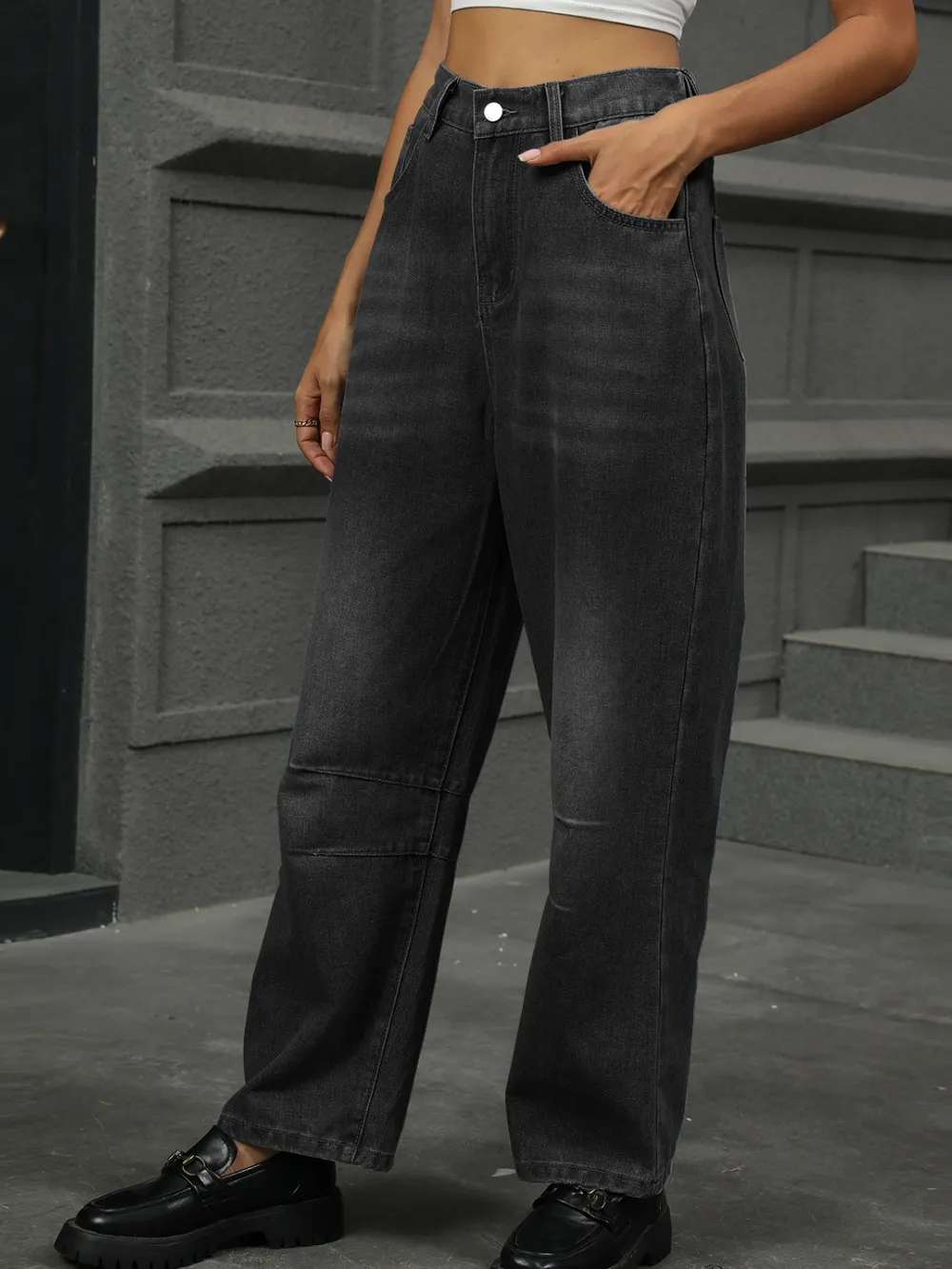 Half Elastic Waist Straight Leg Jeans, image 8