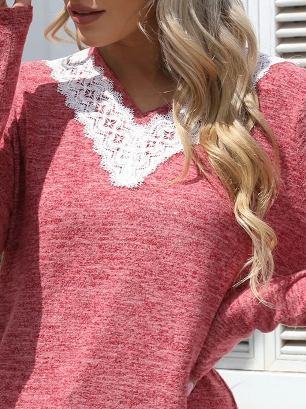 Lace Detail V-Neck Long Sleeve T-Shirt, image 3