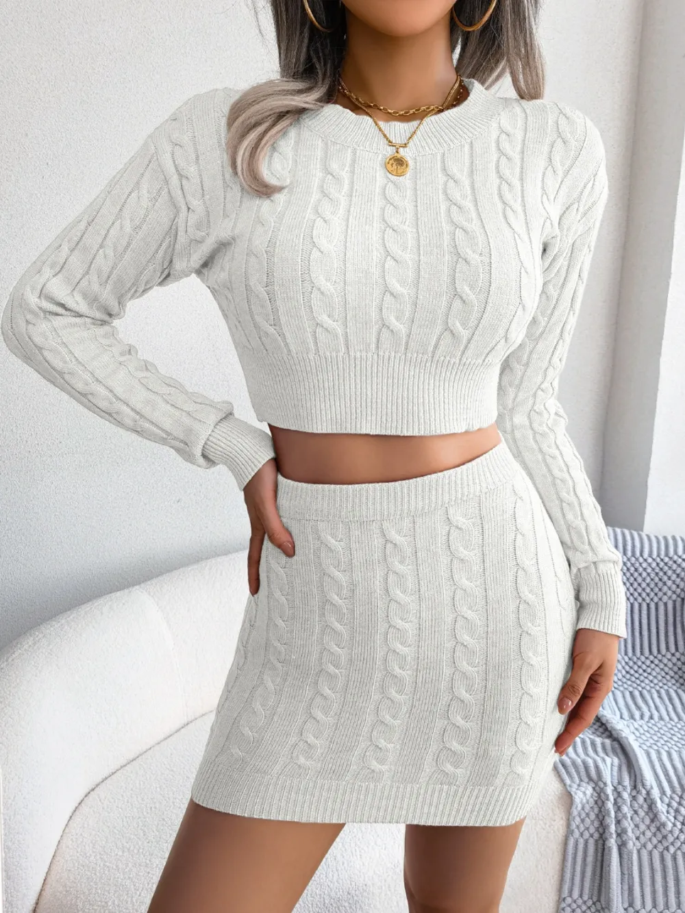 Cable-Knit Round Neck Top and Skirt Sweater Set, image 9