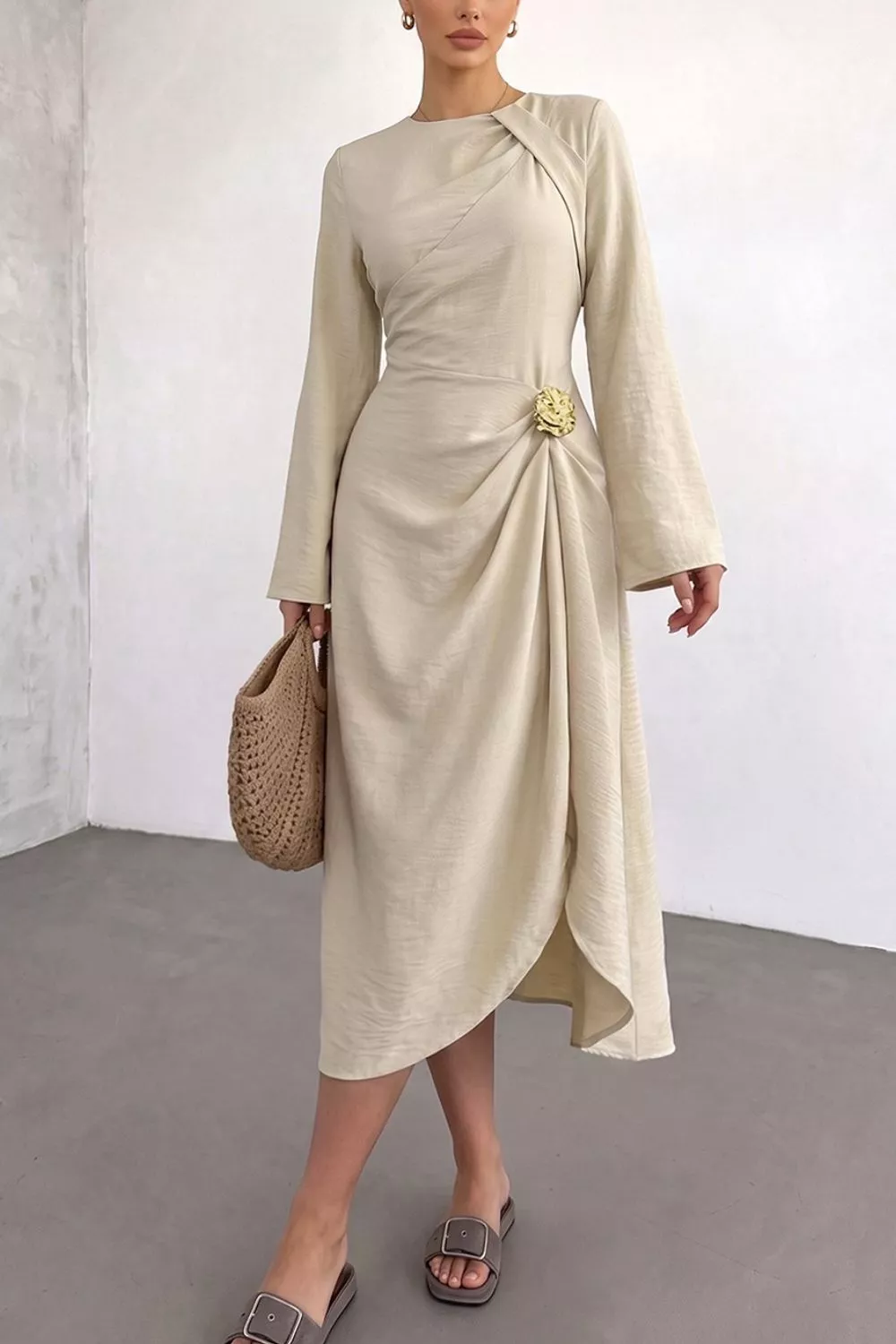 Ruched Long Sleeve Midi Dress, image 3