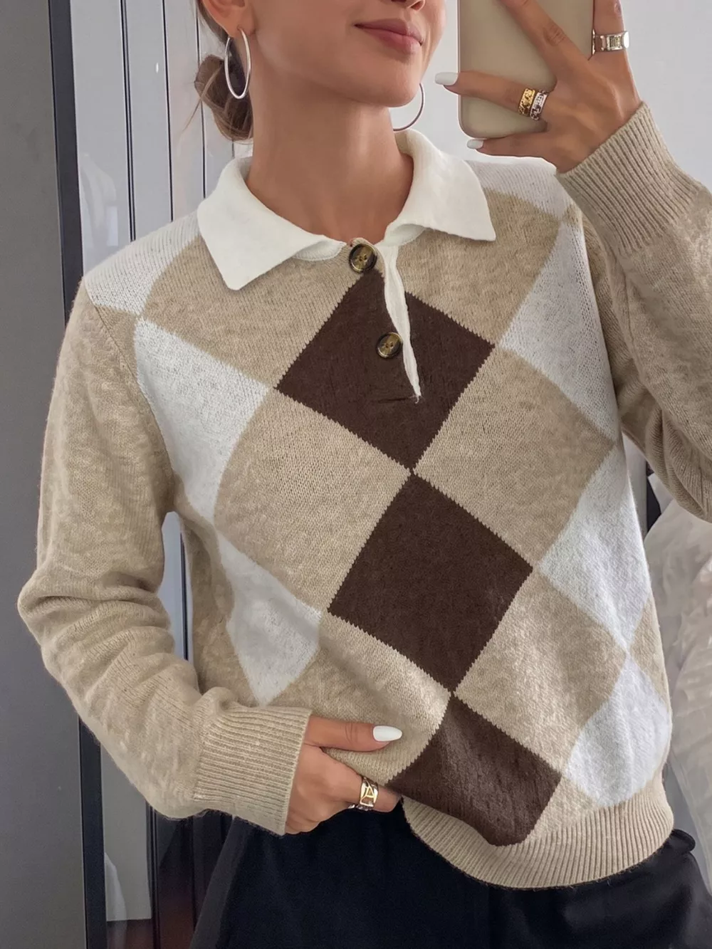 Argyle Patterned Polo Collar Sweater, image 2