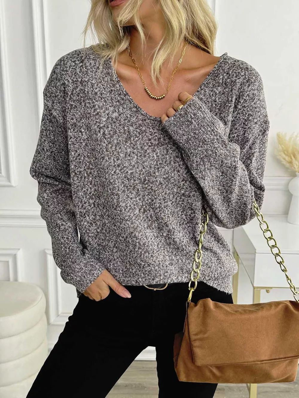 Casual V-Neck Drop Shoulder Sweater, image 11