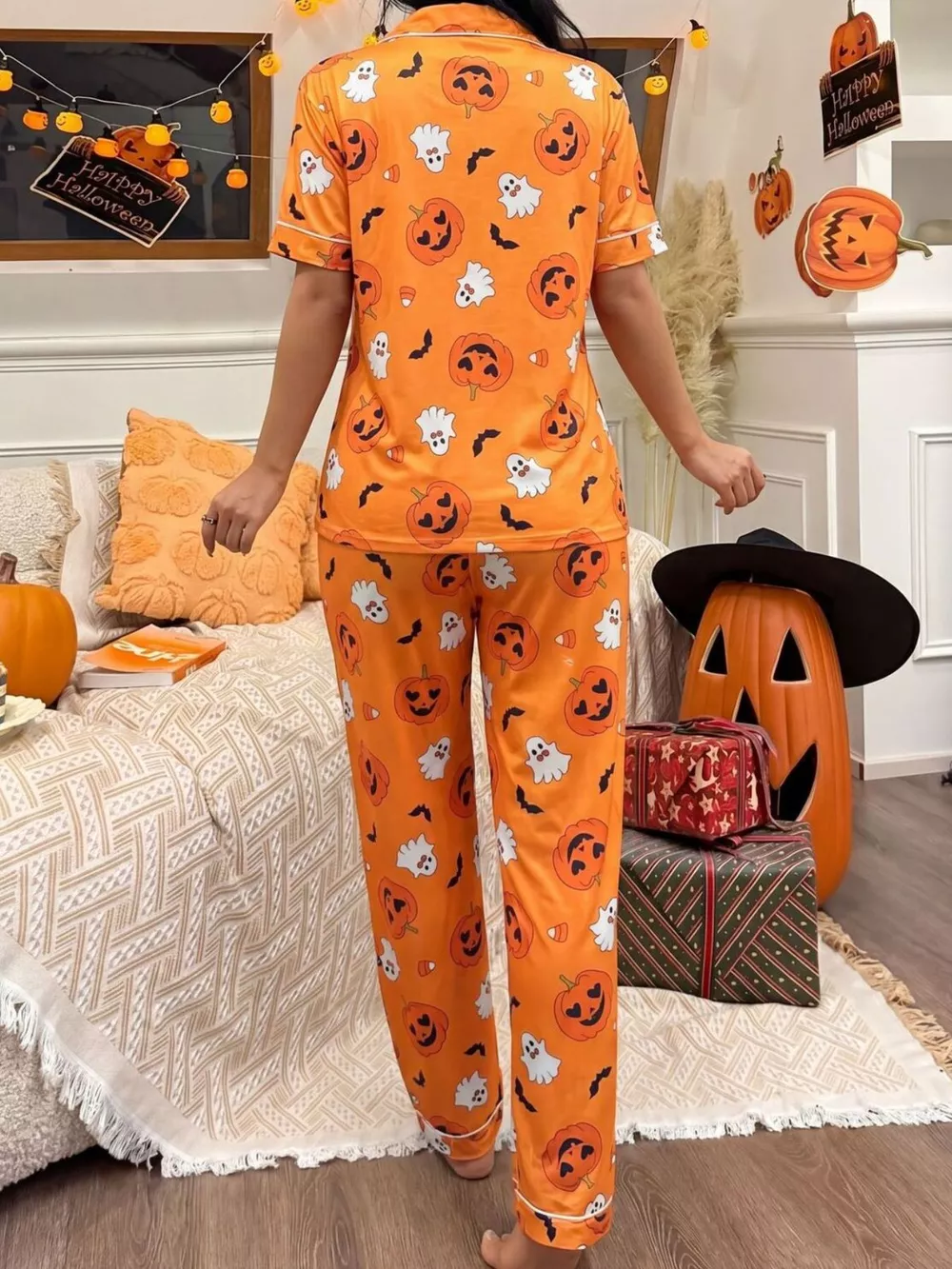 Halloween Pumpkin Print Button-Down Top and Pants Set, image 8