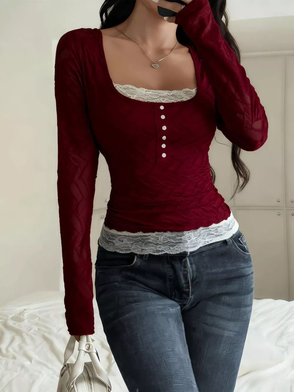 Square Neck Lace Trim Textured T-Shirt, image 10