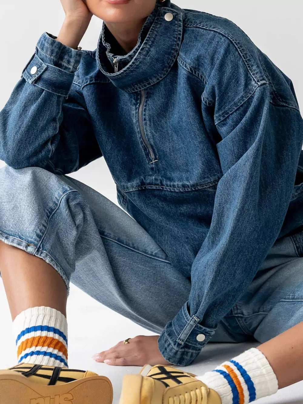Half-Zip Turtleneck Denim Top, image 3