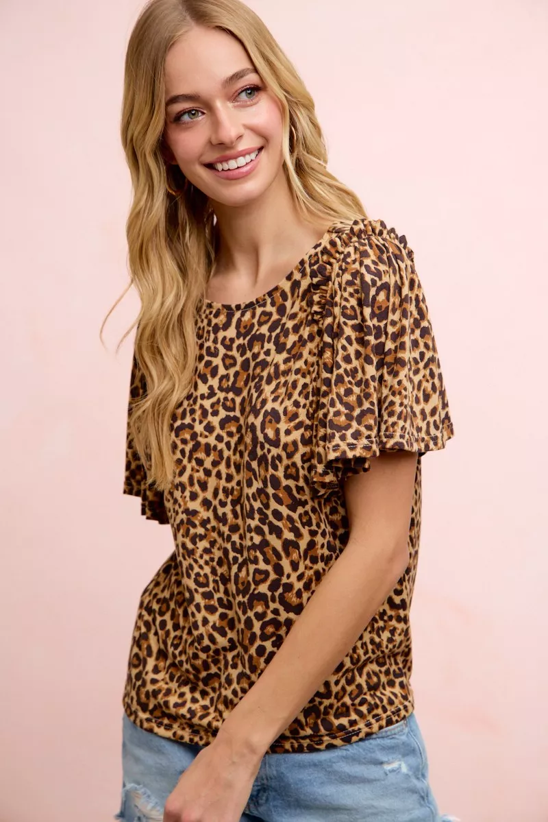 BiBi Leopard Printed Spandex Jersey Ruffle Sleeve Top, image 2