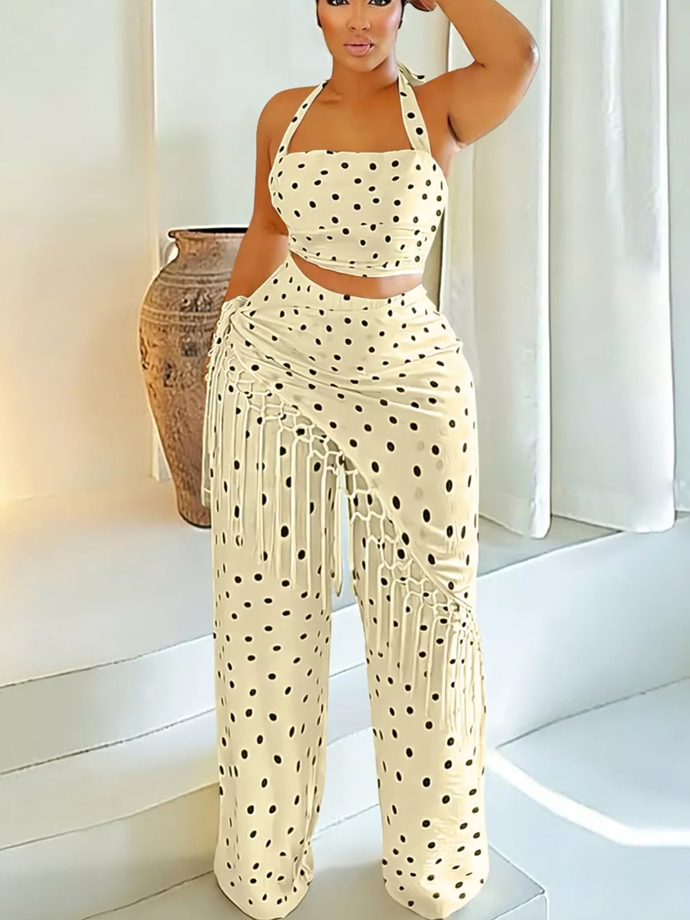 Polka Dot Halter Neck Cami and Fringe Trim Pants Set, image 2