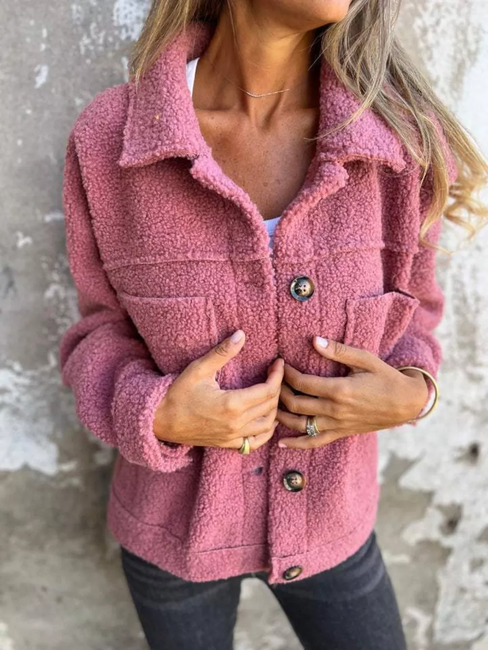 Full Size Fuzzy Button Up Drop Shoulder Jacket, image 7