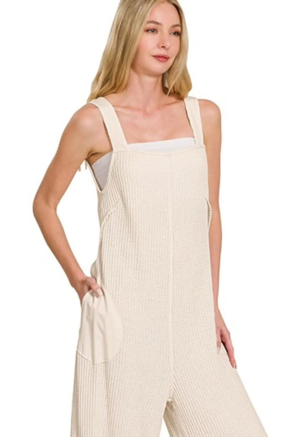 Knit Waffle Wide Leg Overalls, image 5