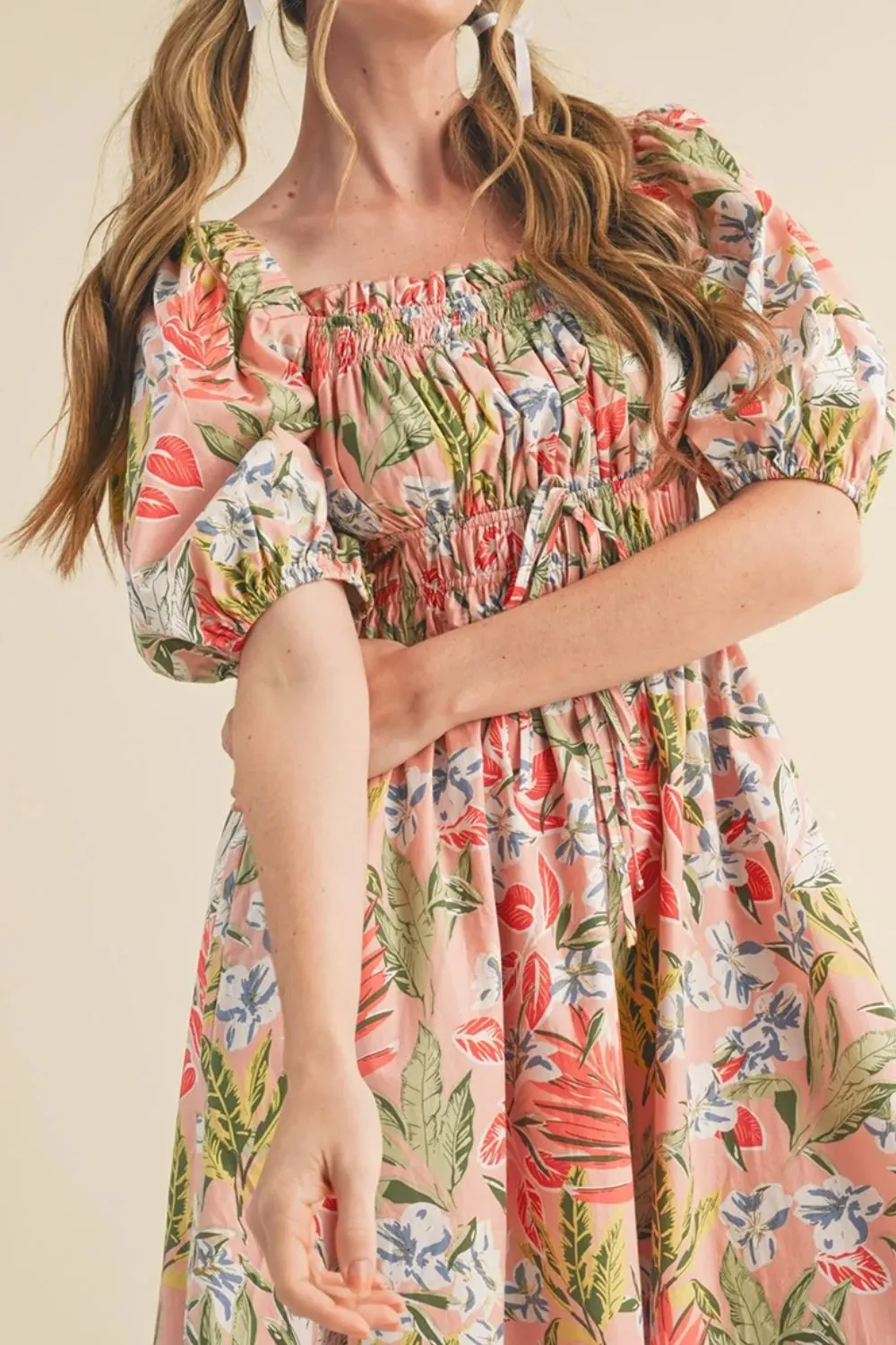 Floral Smocked Square Neck Puff Short Sleeve Midi Dress, image 11