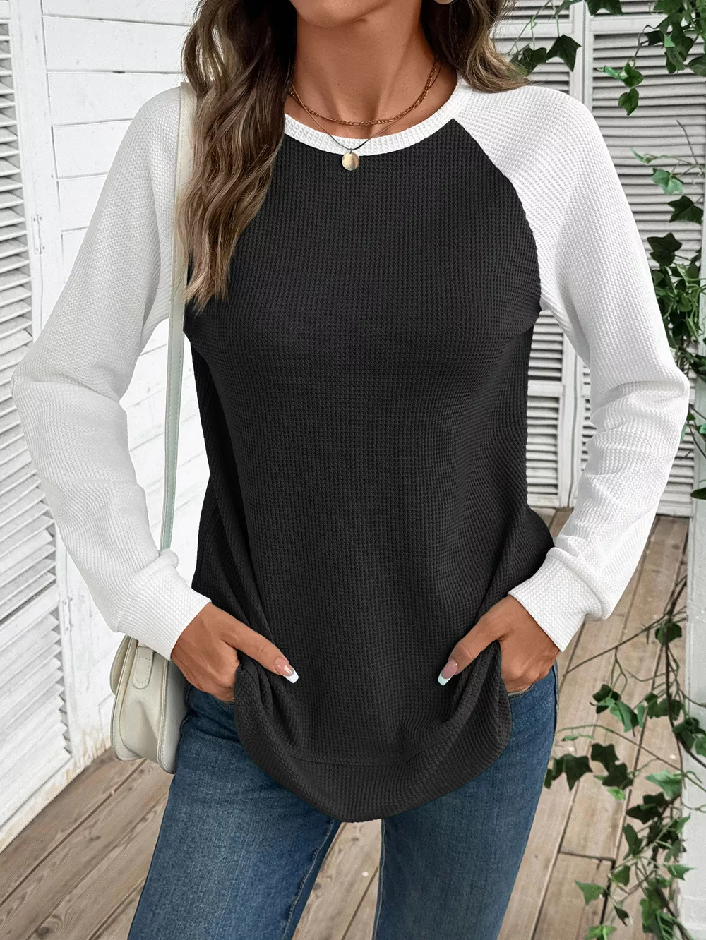 Contrast Raglan Sleeve Waffle Knit T-Shirt, image 4