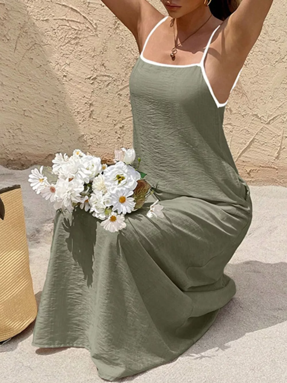 Spaghetti Strap Maxi Dress with Contrasting Trim, image 6