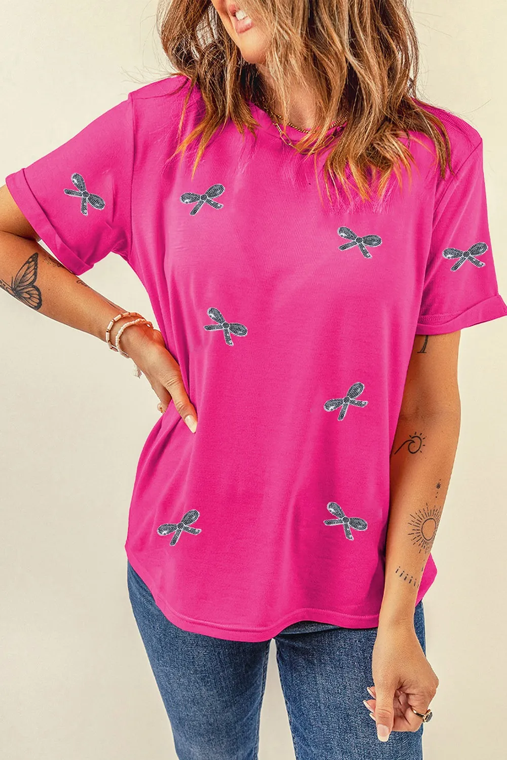 Sequin Bow Round Neck Short Sleeve T-Shirt, image 3