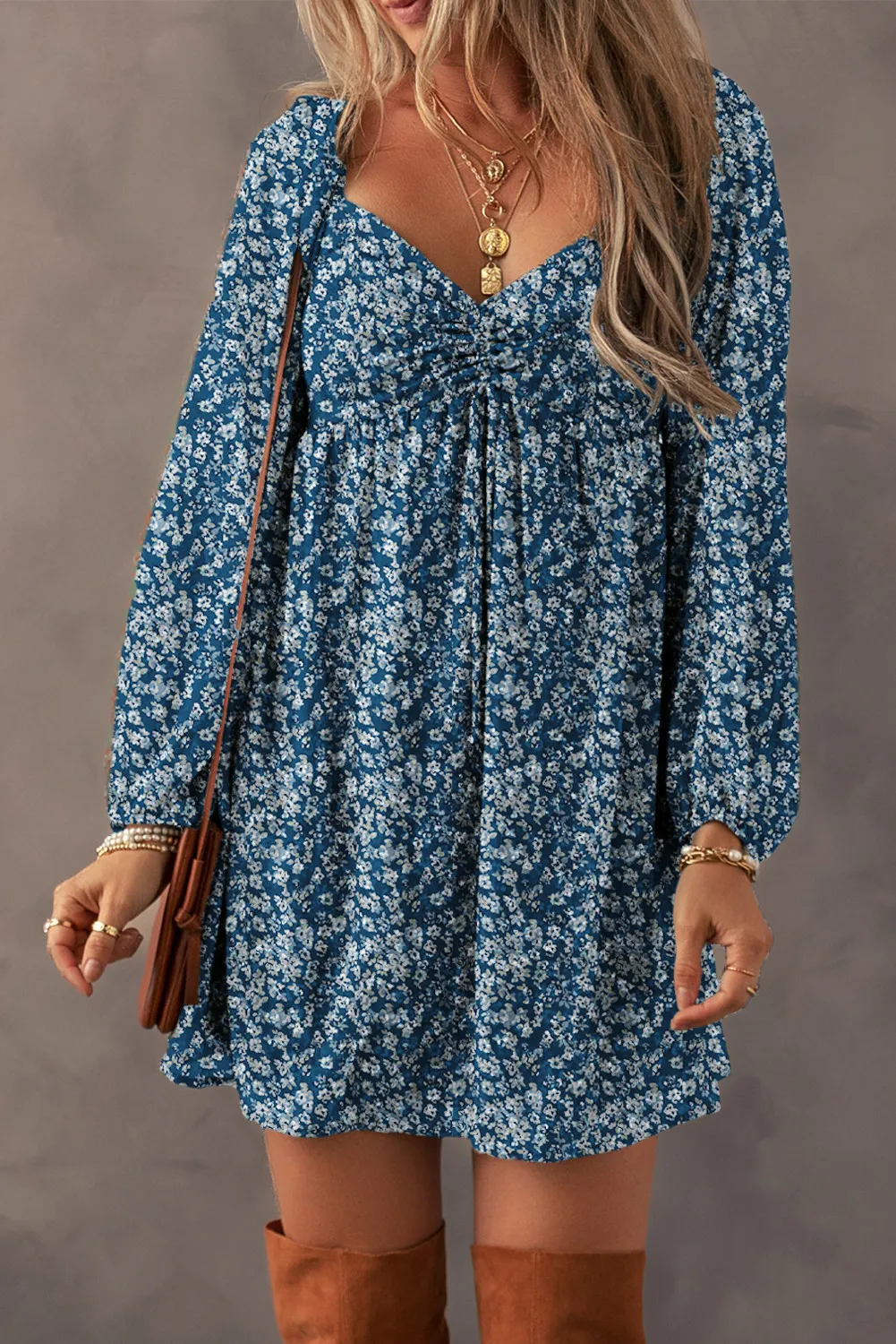 Ruched Printed Long Sleeve Mini Dress, image 7