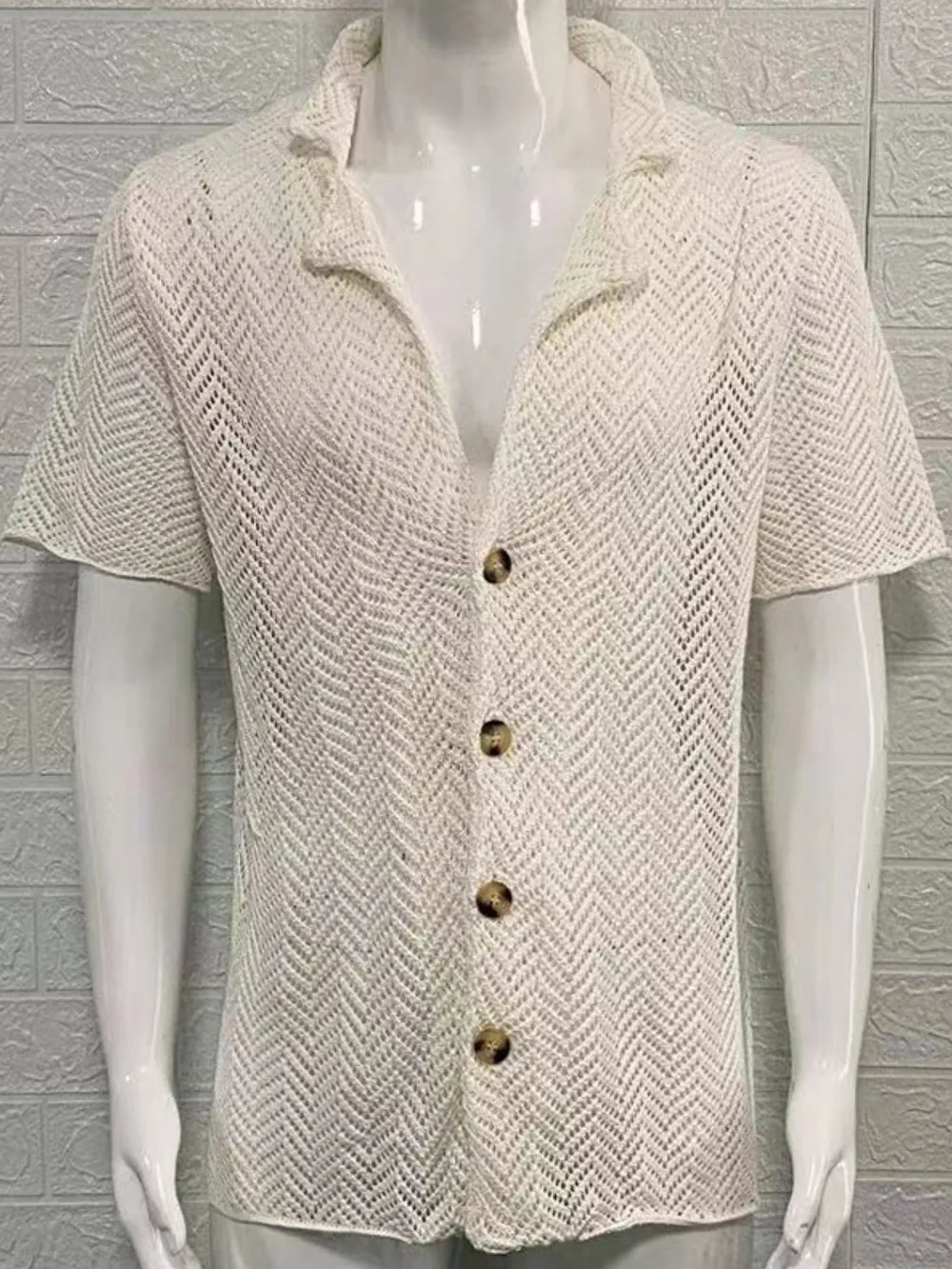 Men's Plus Size Herringbone Eyelet Button Down Knit Shirt, image 8