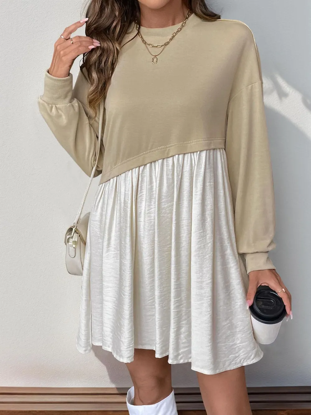 Contrast Round Neck Long Sleeve Mini Dress, image 3