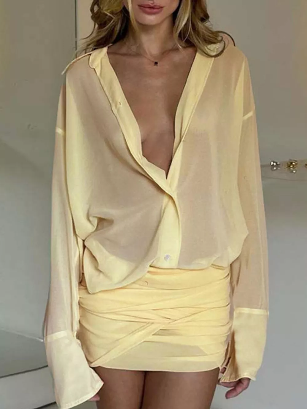 Sheer Button-Down Mini Shirt Dress with Back Tie, image 9