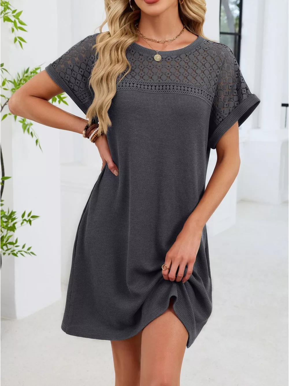 Lace Round Neck Short Sleeve T-Shirt Dress, image 18