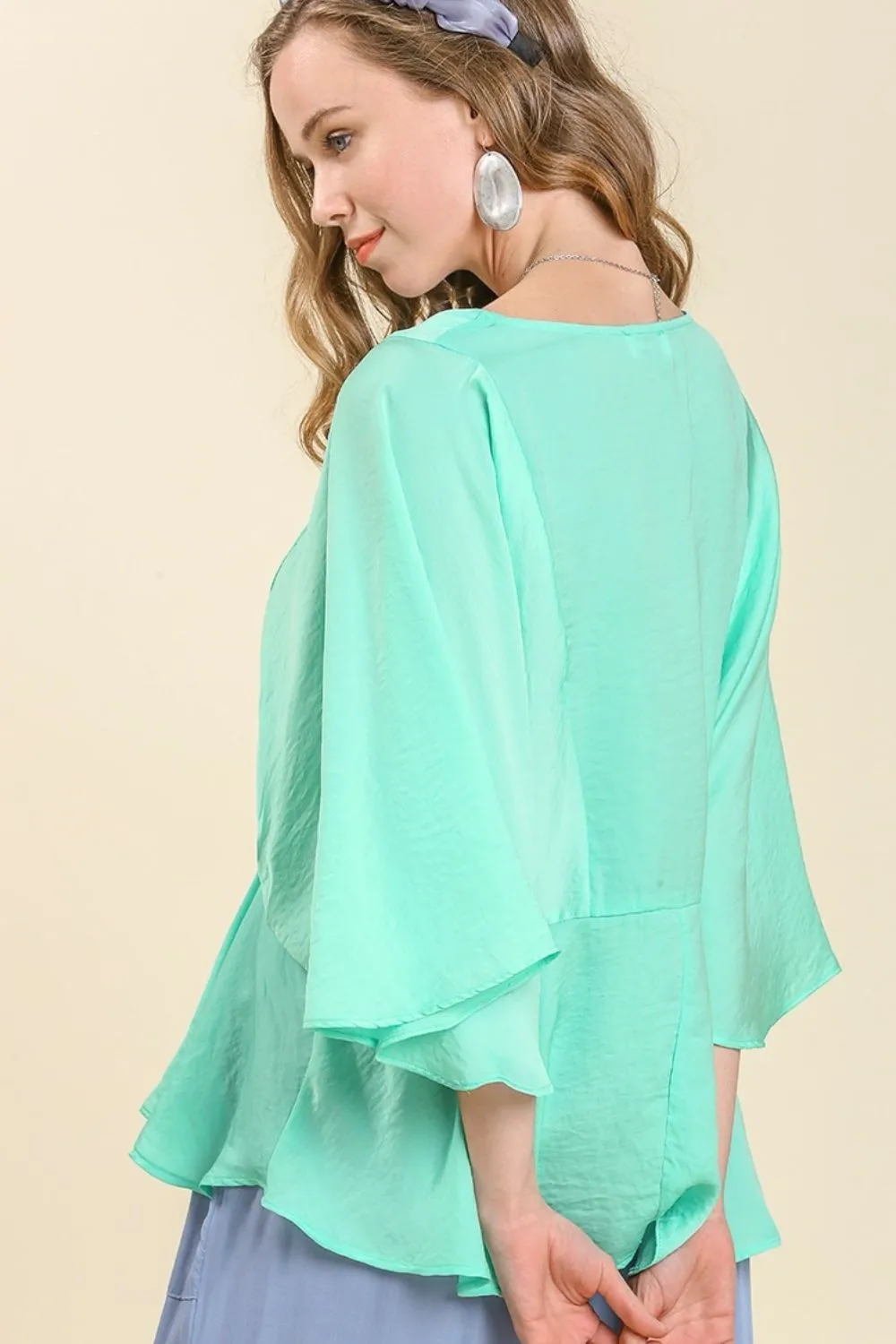 Full Size Satin Pleated Peplum Round Neck Blouse Plus Size, image 2