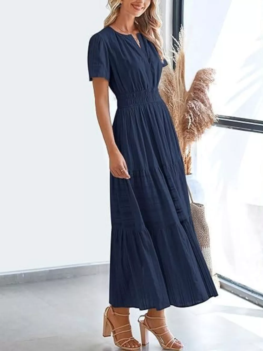 Notched Short Sleeve Tiered Dress, image 13