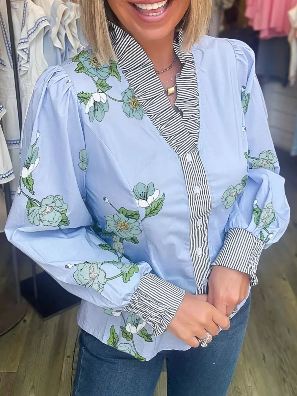 Floral Print Contrast Striped Trim Ruffled V Neck Fall Blouse, image 2