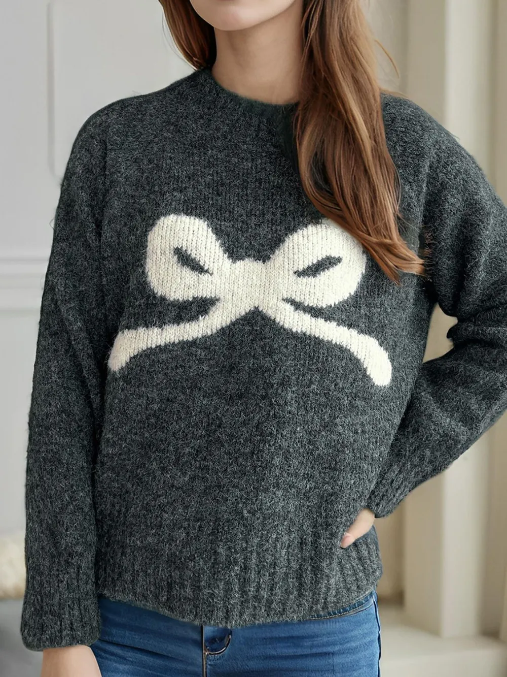 Bow Round Neck Long Sleeve Sweater, image 8