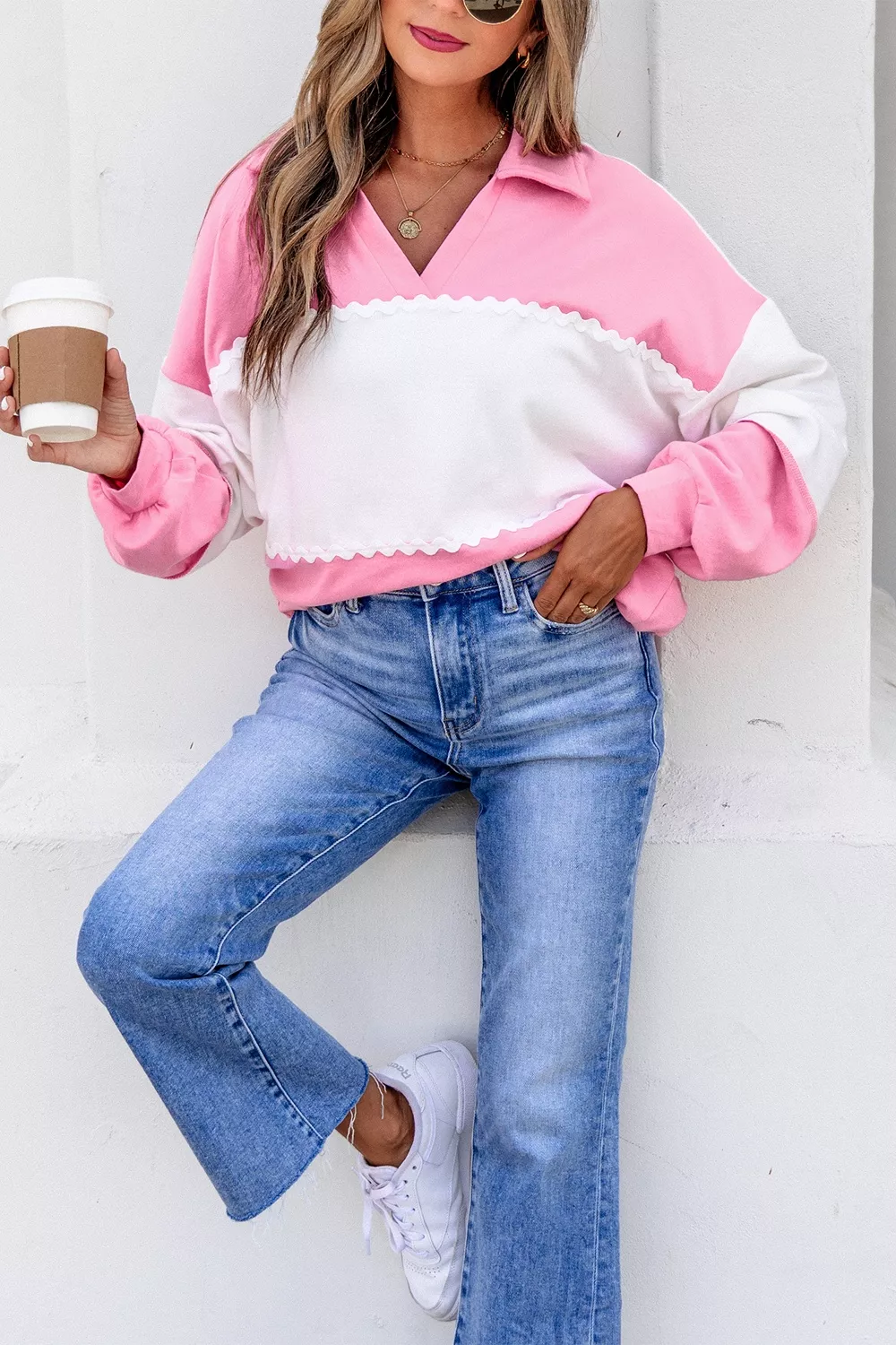 Color Block Ricrac Trim Patchwork Collar V Neck Long Sleeve Top, image 5