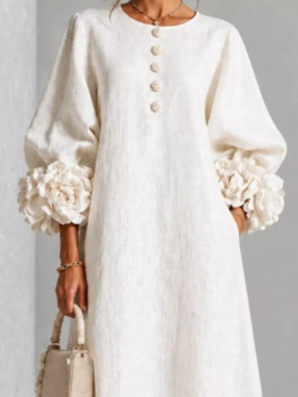 3D Floral Round Neck Midi Dress, image 6