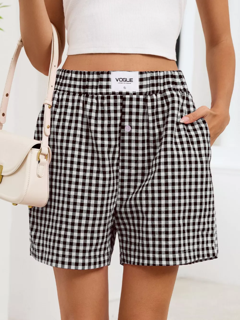 Gingham Elastic Waist Casual Shorts, image 17
