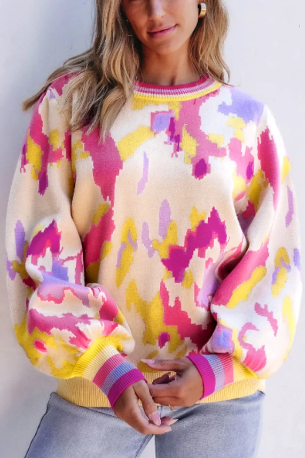 Contrast Round Neck Long Sleeve Sweater, image 5