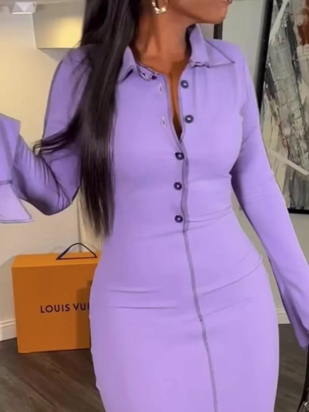 Button Front Long Sleeve Midi Dress, image 2